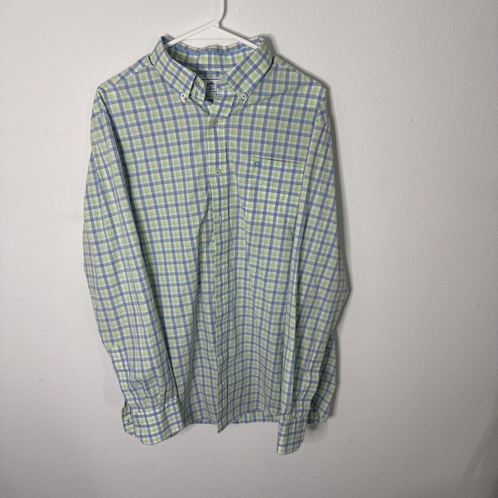 Southern Tide Shirt Mens L Classic Fit Green Blue Plaid Cotton Fish Button up
